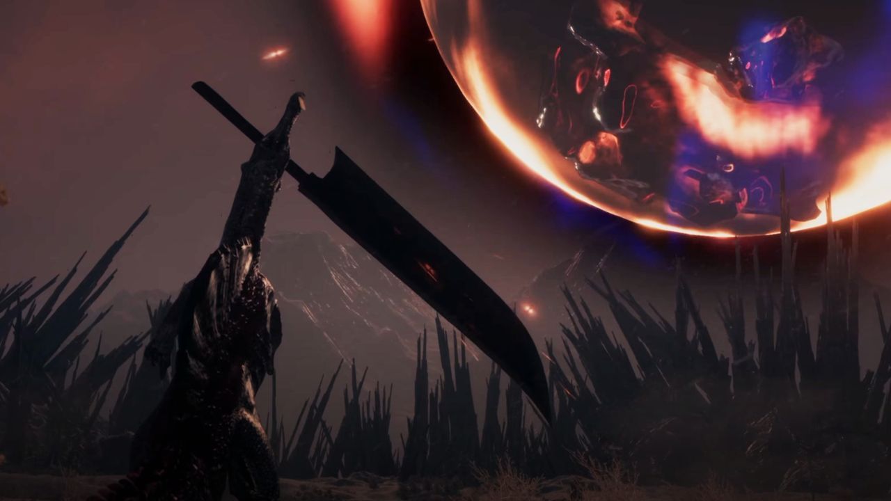 Featured image Spinosaurus swings greatsword to parry meteor in new soulslike