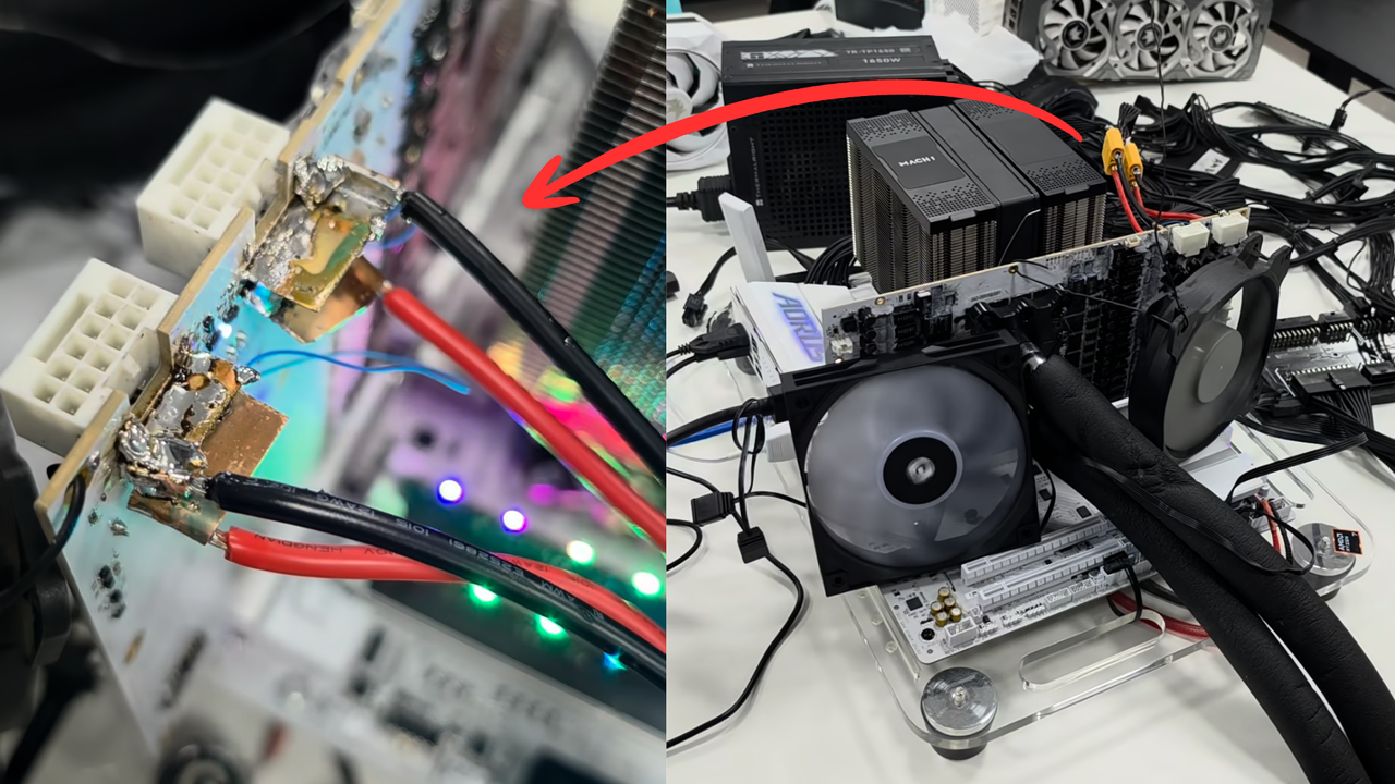 Featured image Soldering power cables directly to RTX 5090 for 600W power