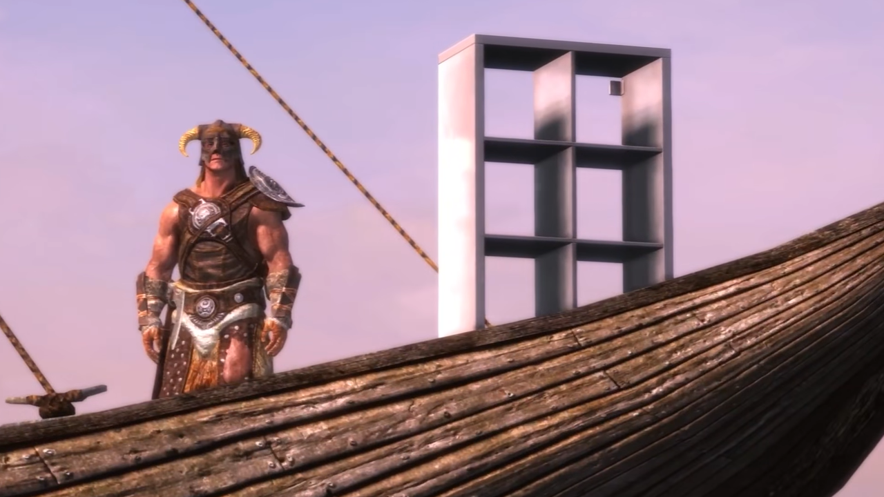 Featured image Matt Berry as a sentient shelf in an Ikea Skyrim mod